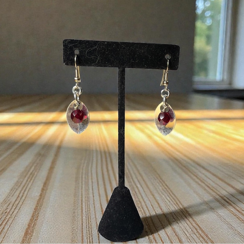 Chainmail Silver Scale with Red Glass Bead Dangle Earrings